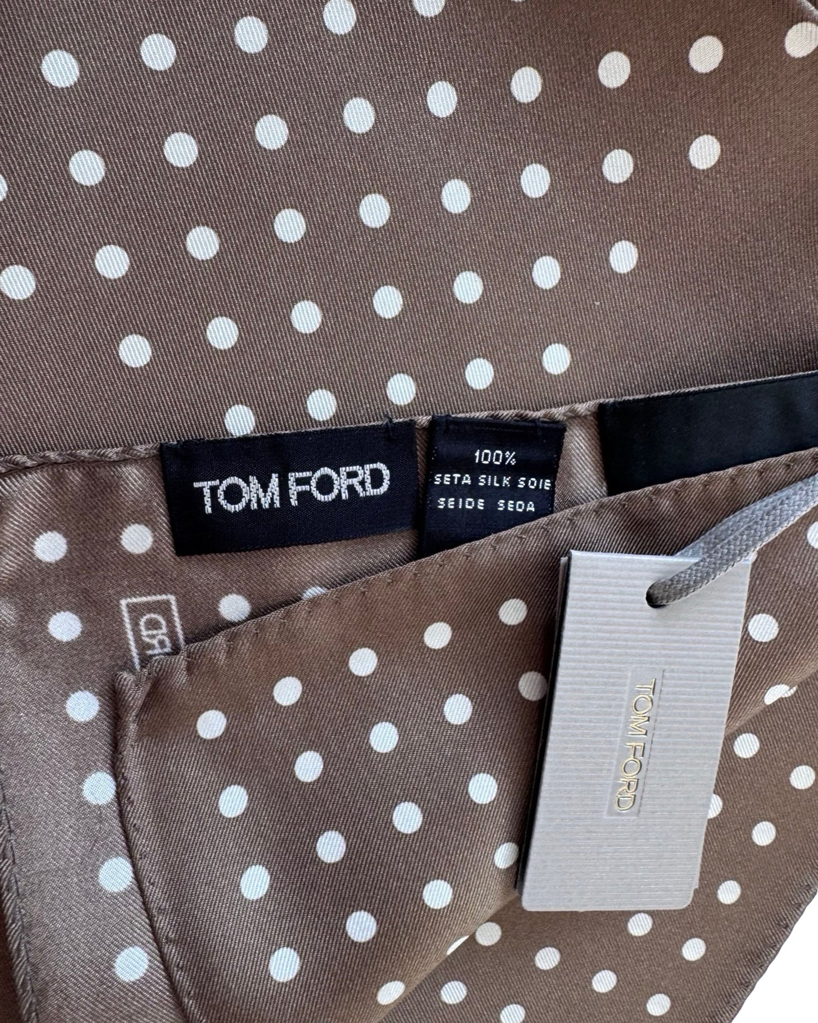 Tom Ford Silk Pocket Square Brown White Polka Dot