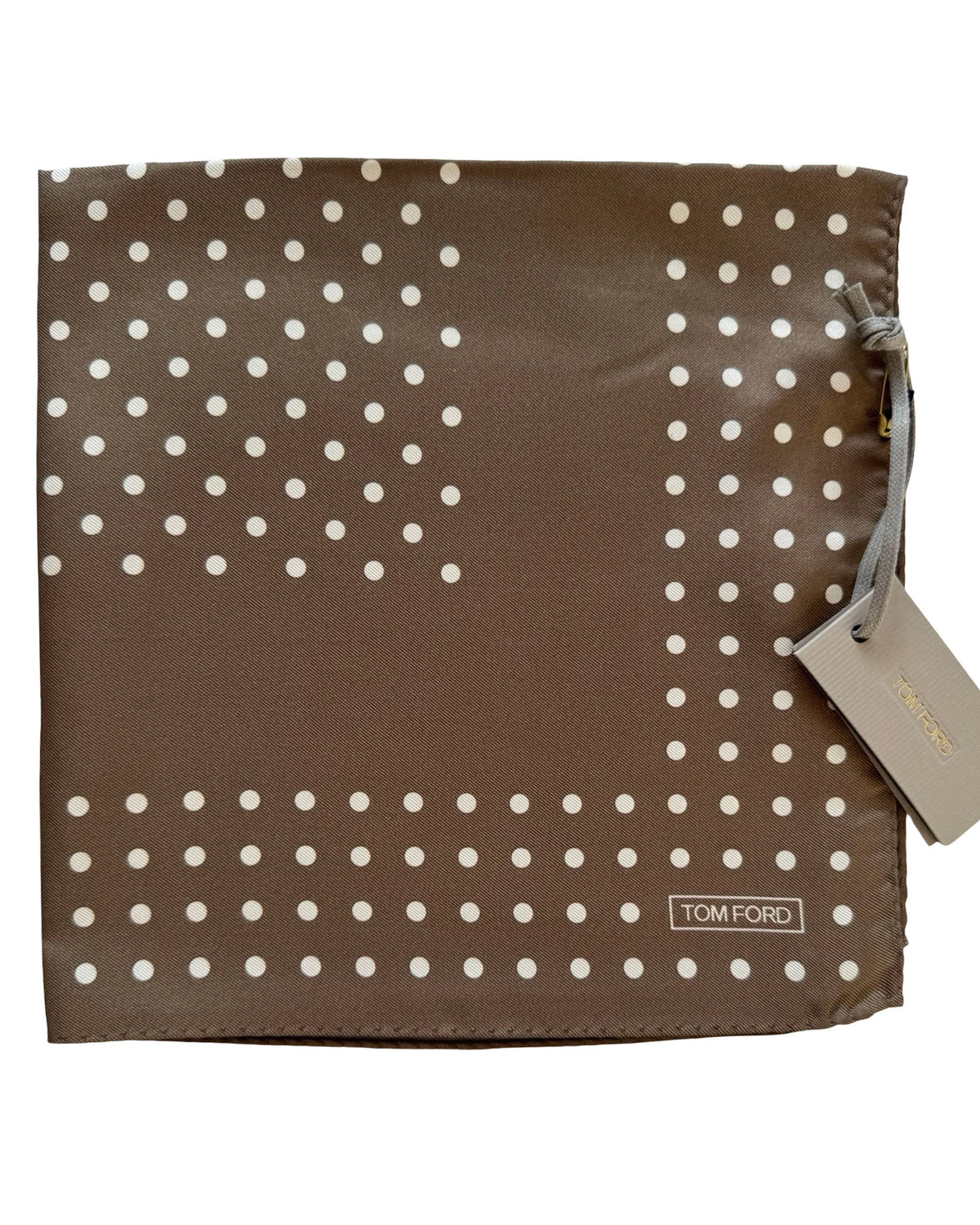 Tom Ford Silk Pocket Square Brown White Polka Dot
