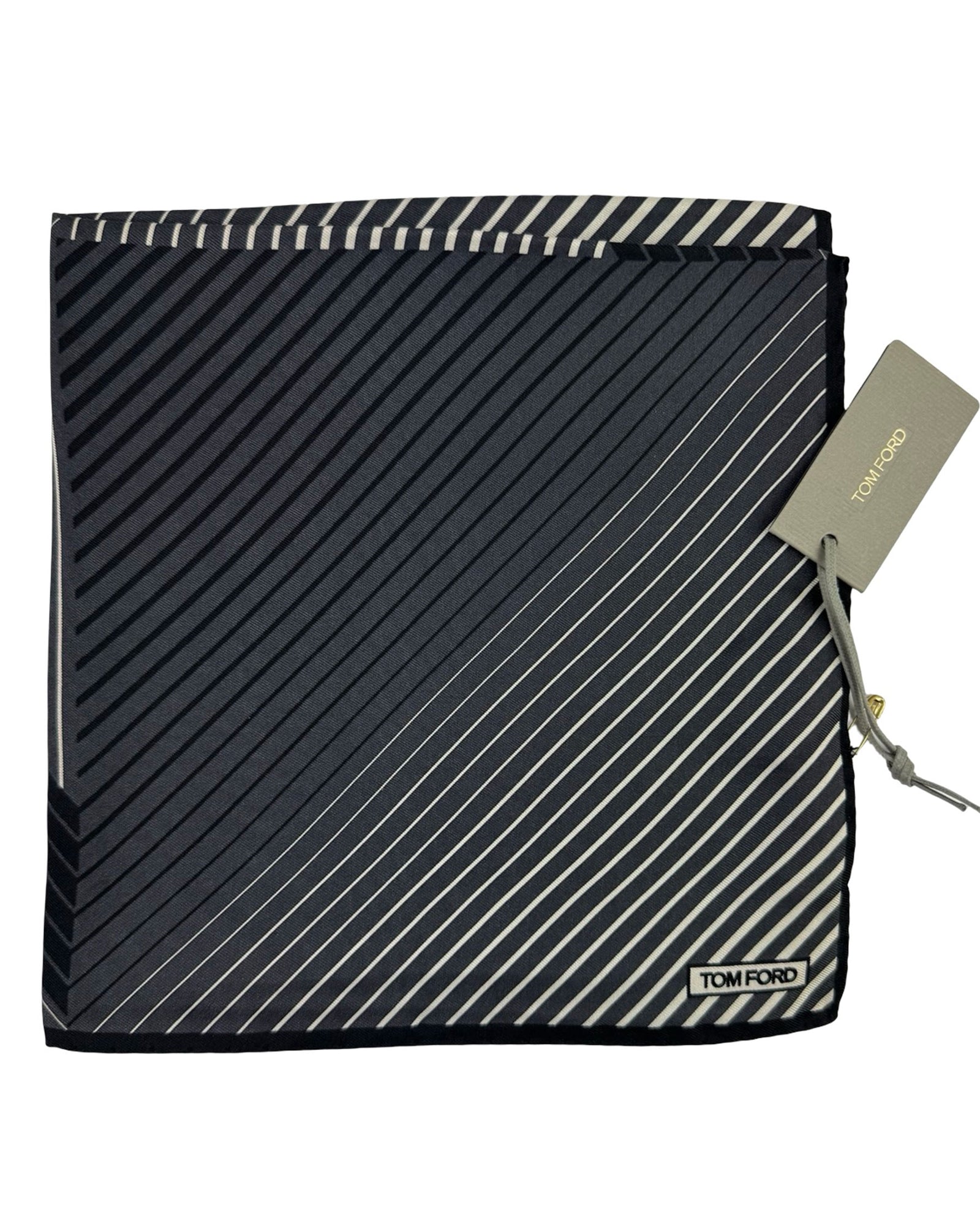 Tom Ford Silk Pocket Square Gray Black 3D Geometric Striped Triangles Shapes