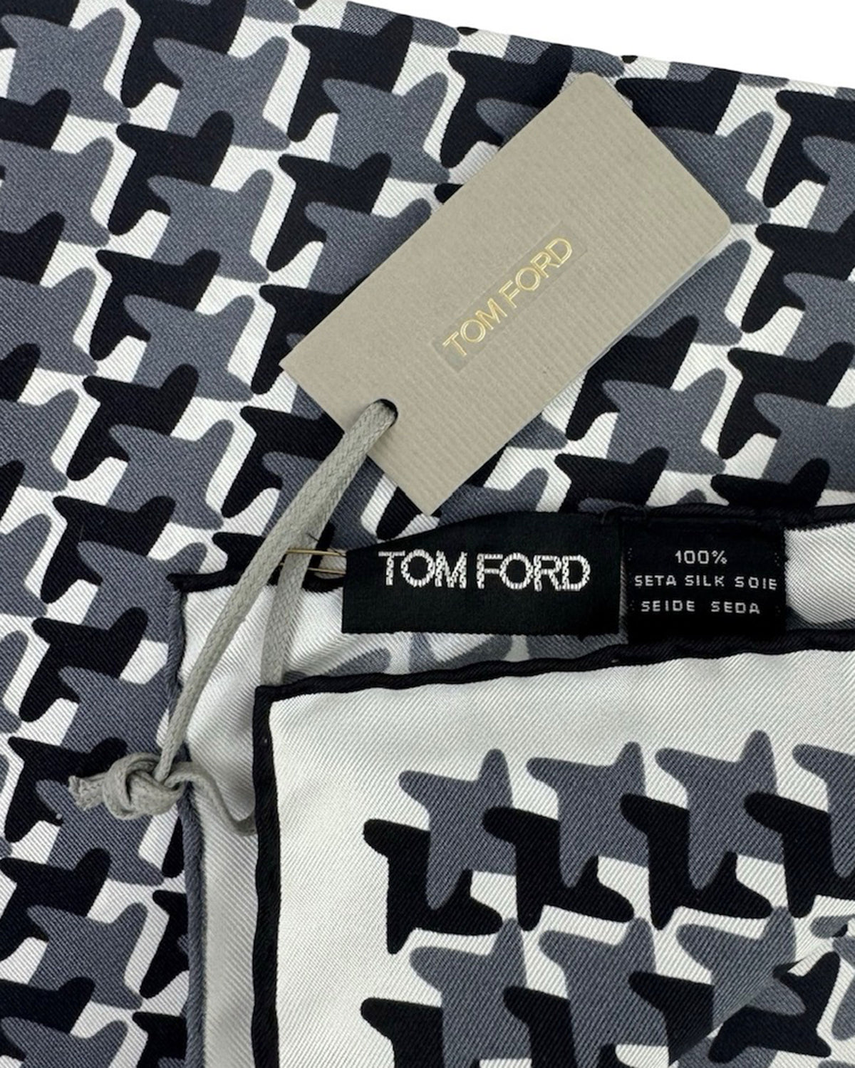 Tom Ford Silk Pocket Square White Gray Black Houndstooth