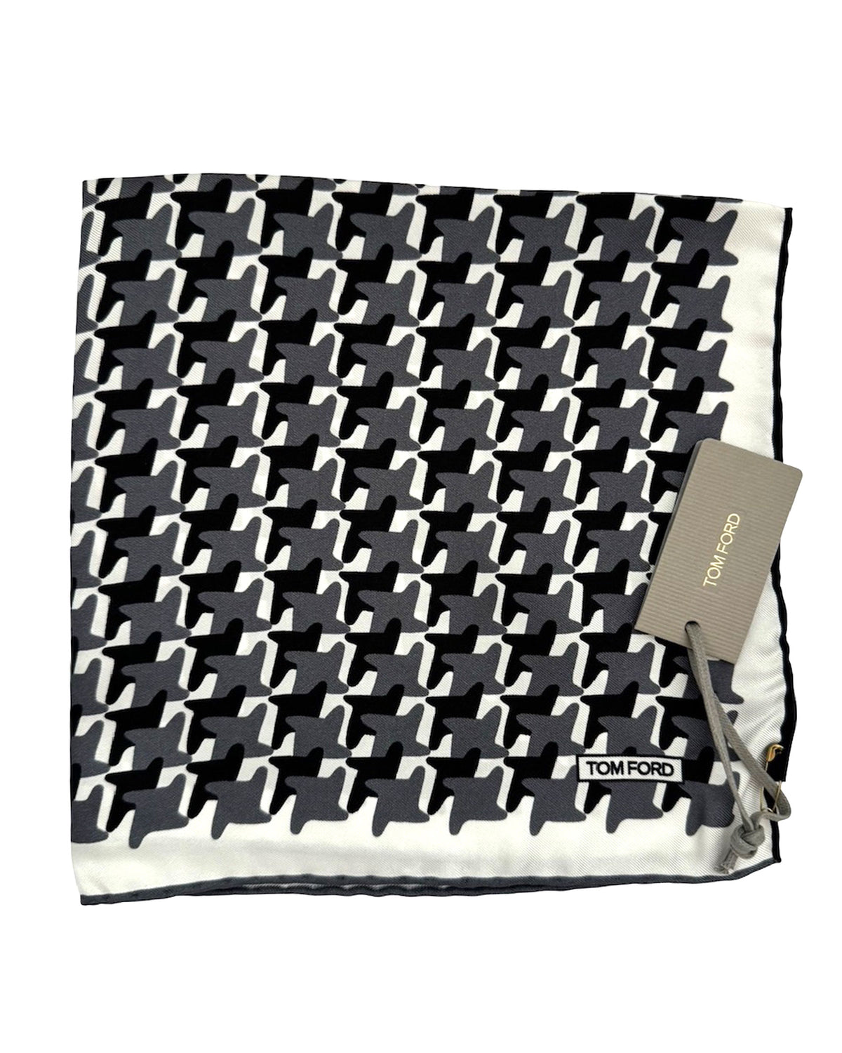 Tom Ford Silk Pocket Square White Gray Black Houndstooth