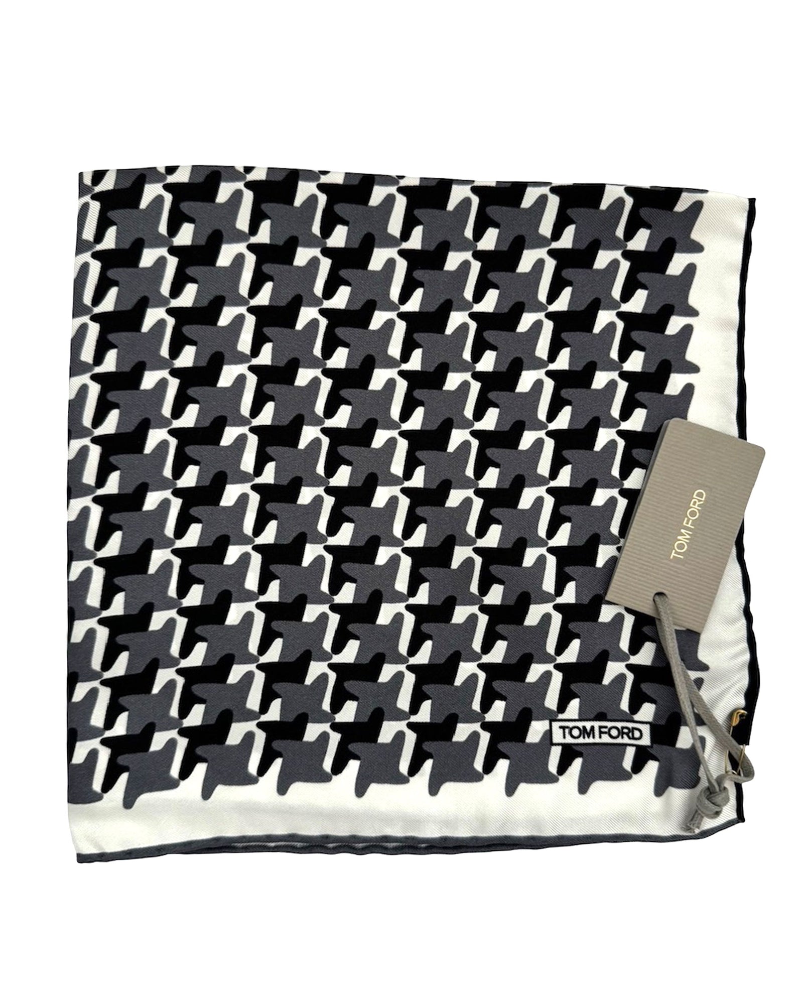 Tom Ford Silk Pocket Square White Gray Black Houndstooth