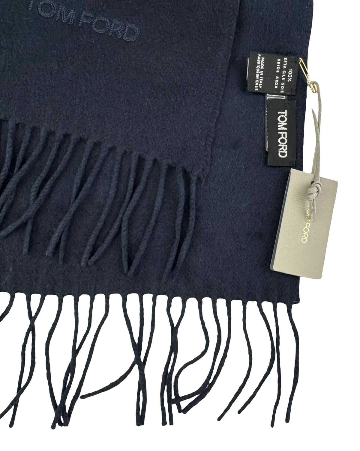 Tom Ford Silk Scarf Dark Blue Solid Fringe