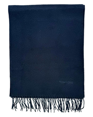 Tom Ford Silk Scarf Dark Blue Solid Fringe