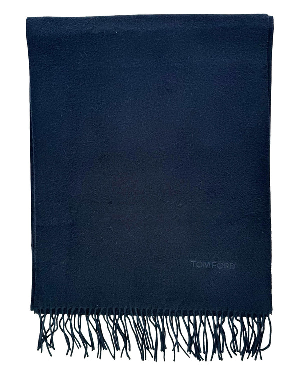 Tom Ford Silk Scarf Dark Blue Solid Fringe - Tie Deals