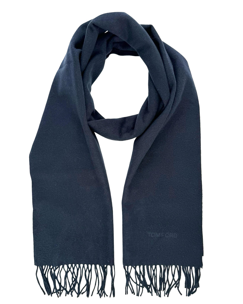 Tom Ford Silk Scarf Dark Blue Solid Fringe - Tie Deals