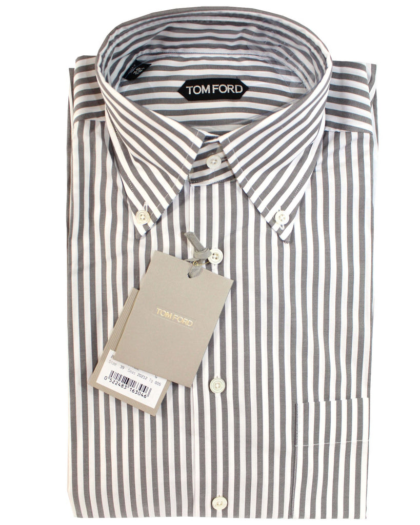 Tom Ford Button-Down Shirt Gray White Stripes Modern Fit 39