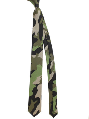 Valentino Skinny Tie Military Green Taupe Camo Design - Luxury Gift Box