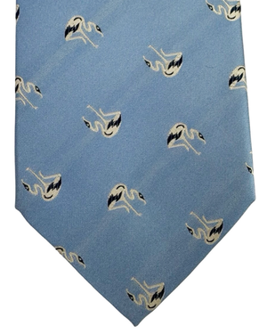 Valextra Silk Tie Blue White / Black Flamingo Motifs - Wide Necktie