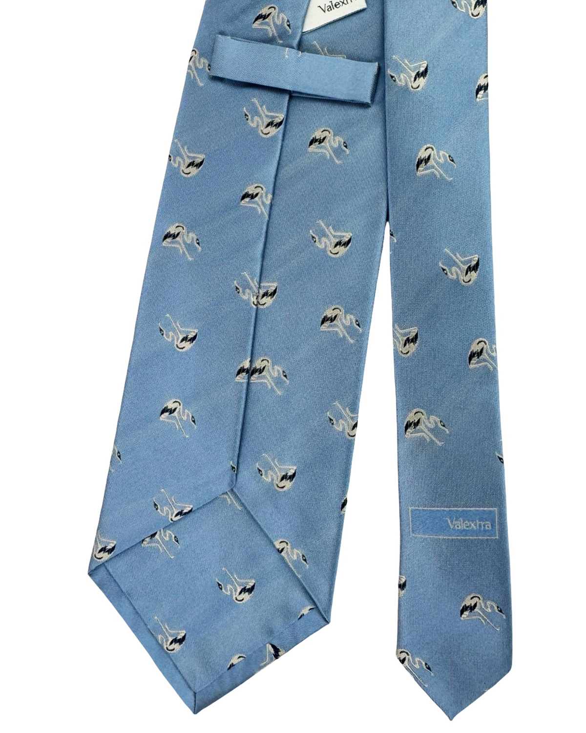 Valextra Silk Tie Blue White / Black Flamingo Motifs - Wide Necktie