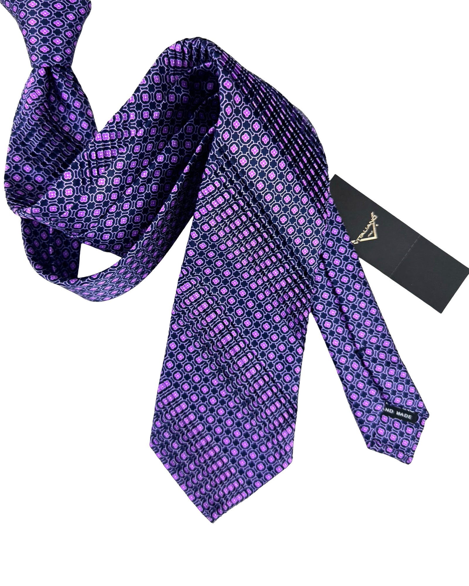 Vitaliano Pancaldi Pleated Silk Tie Purple Geometric Design