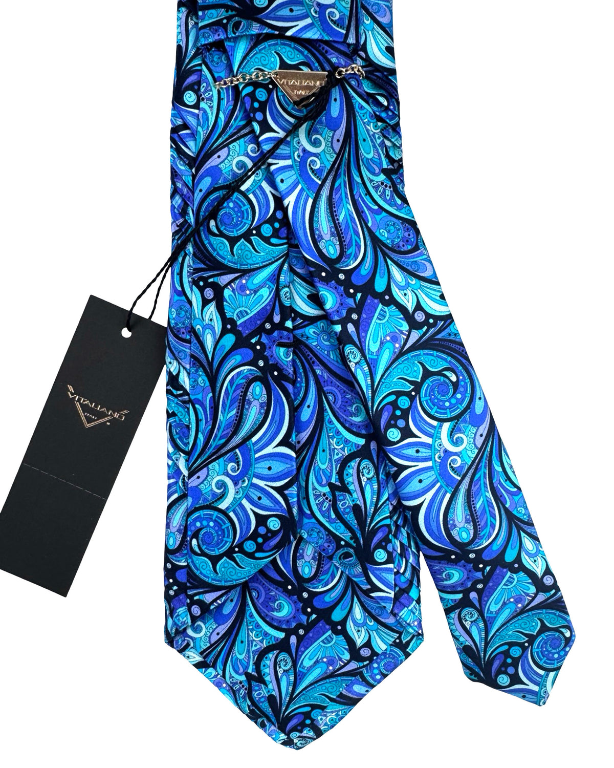 Vitaliano Pancaldi Pleated Silk Tie Blue Purple Aqua Floral