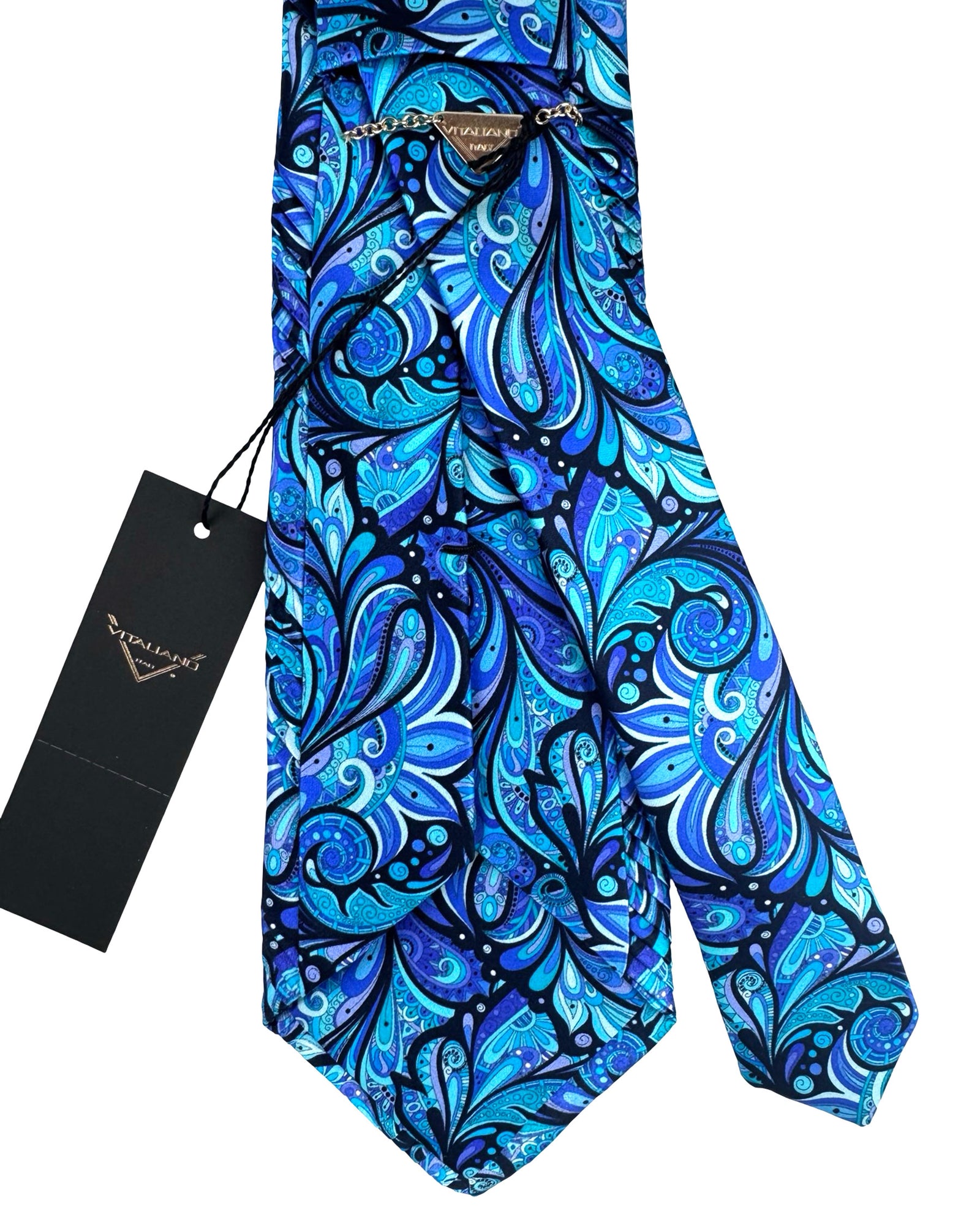 Vitaliano Pancaldi Pleated Silk Tie Blue Purple Aqua Floral