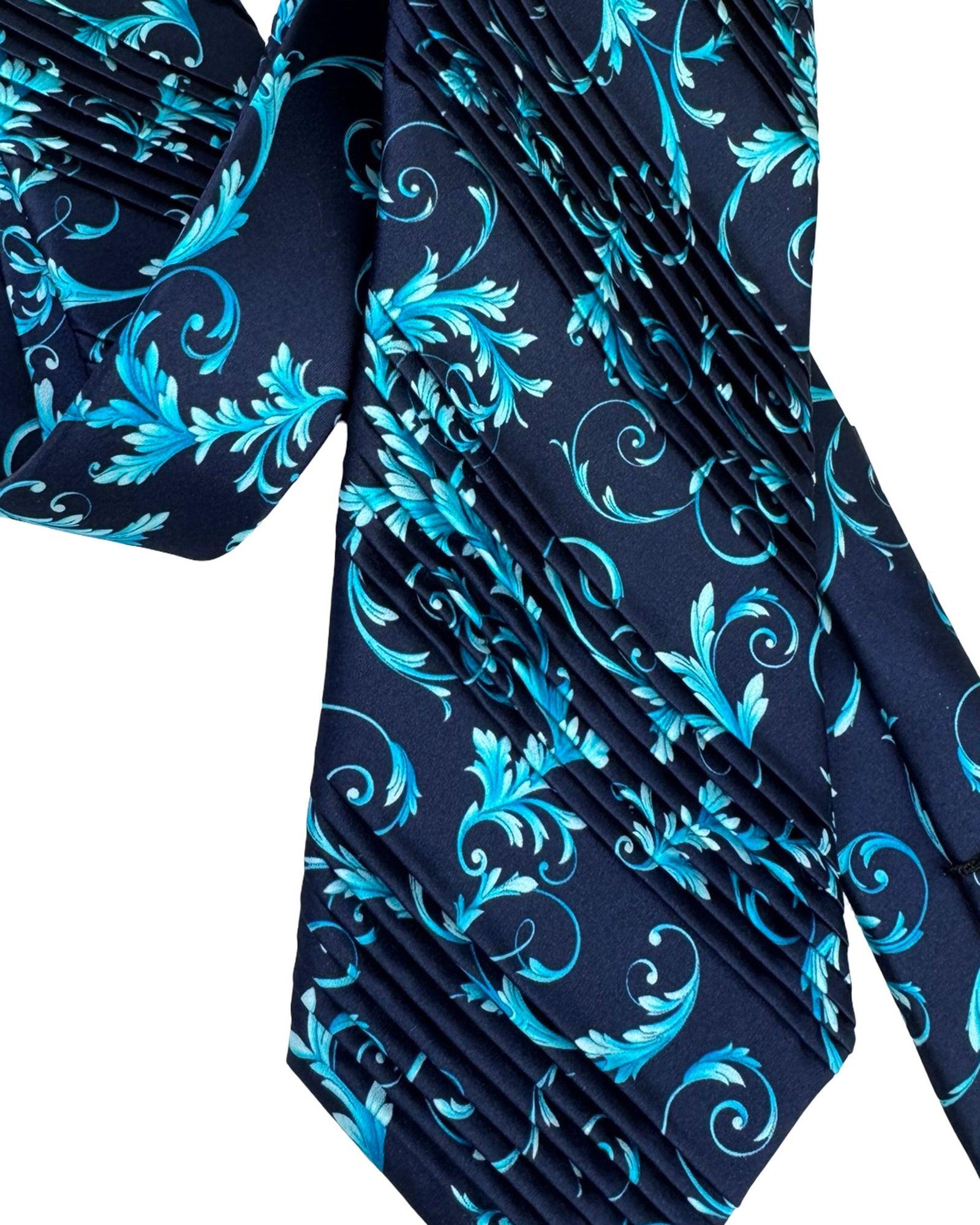 Vitaliano Pancaldi Pleated Silk Tie Midnight Blue Aqua Baroque