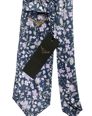 Vitaliano Pancaldi Pleated Silk Tie Metal Gray With Purple Gray Flowers