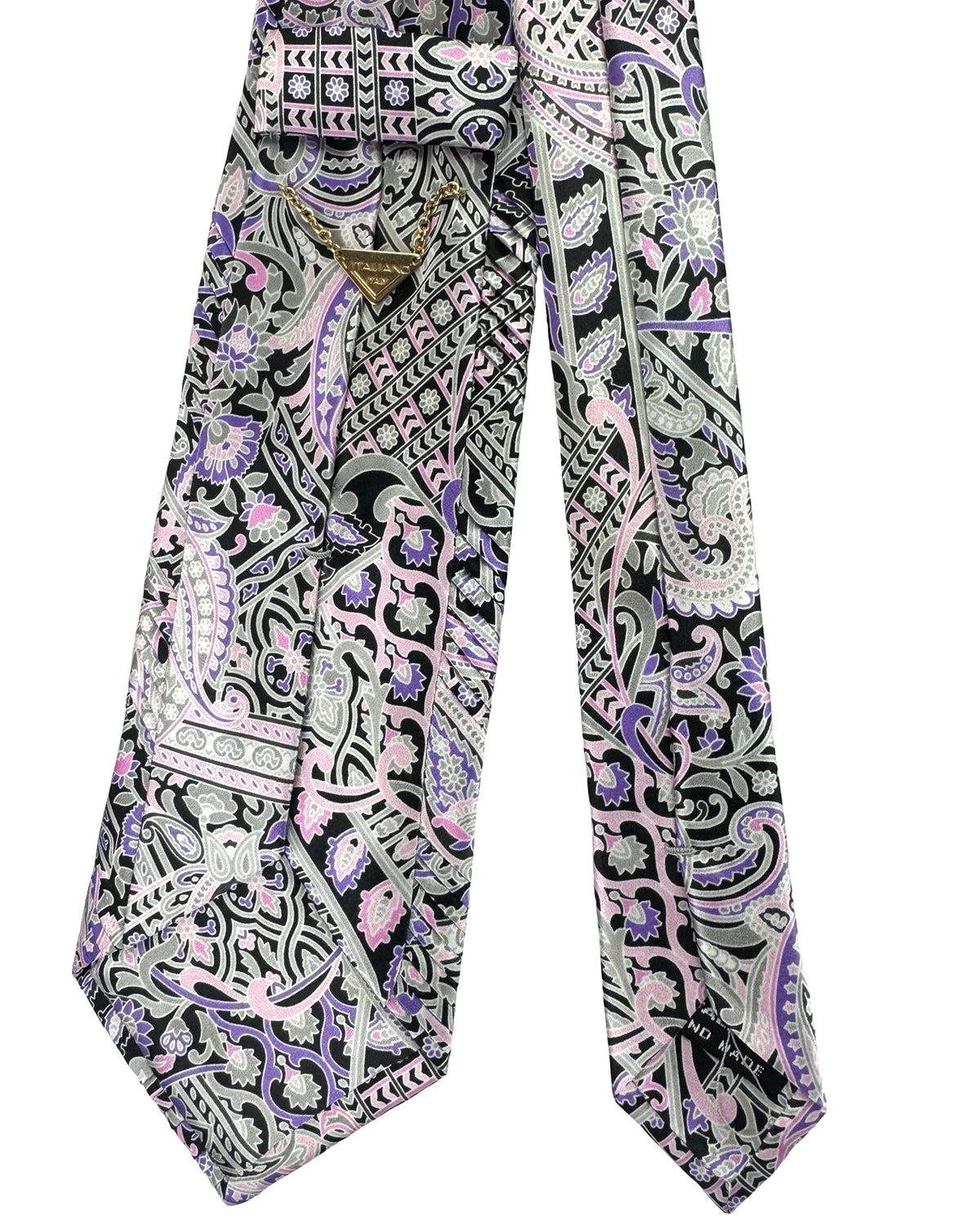 Vitaliano Pleated Silk Tie Gray Pink Purple Paisley