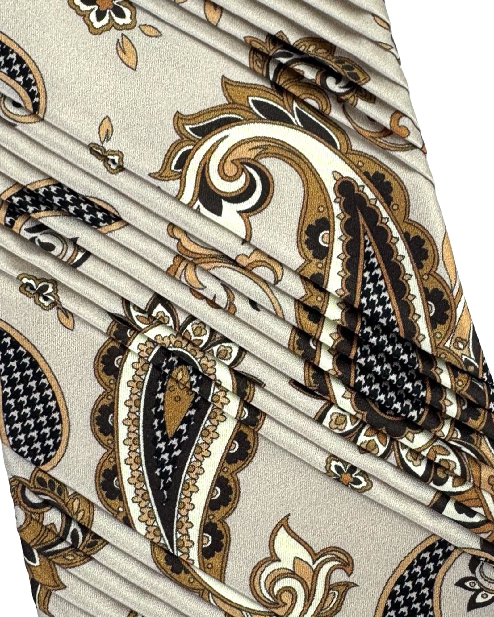 Pancaldi Pleated Silk Tie Gray Brown Paisley