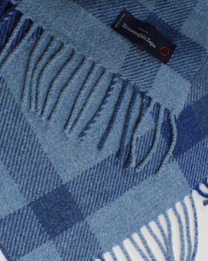 Ermenegildo Zegna Throw Blanket Blue Plaid Design Wool Alpaca Cashmere