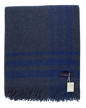 Ermenegildo Zegna Throw Blanket Gray Royal Blue Wool Alpaca Cashmere