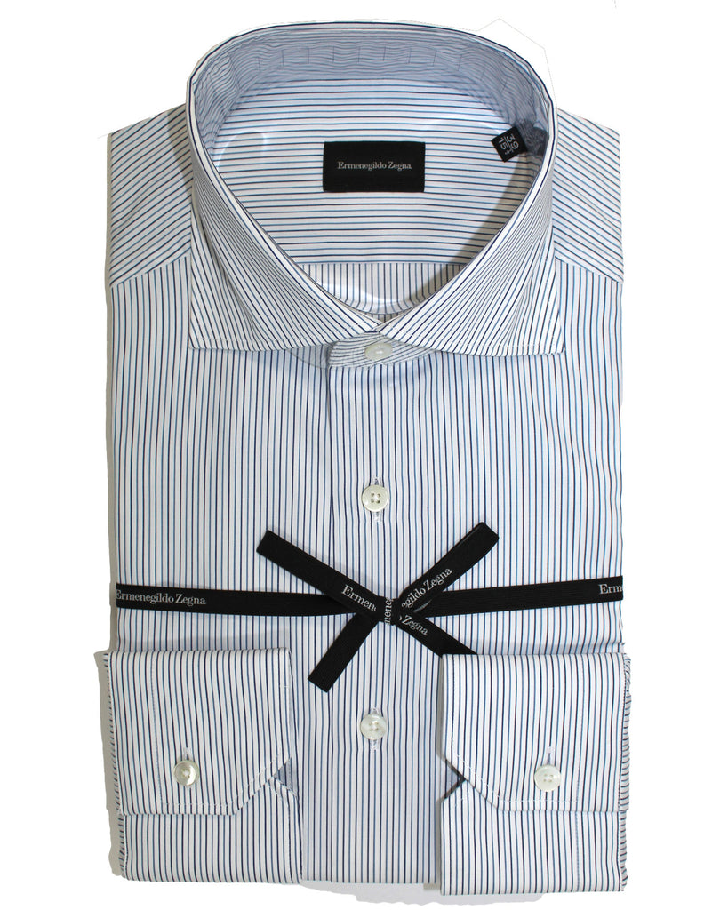 Ermenegildo Zegna Dress Shirt White Navy Blue Stripes 41 - 16 - Tie Deals