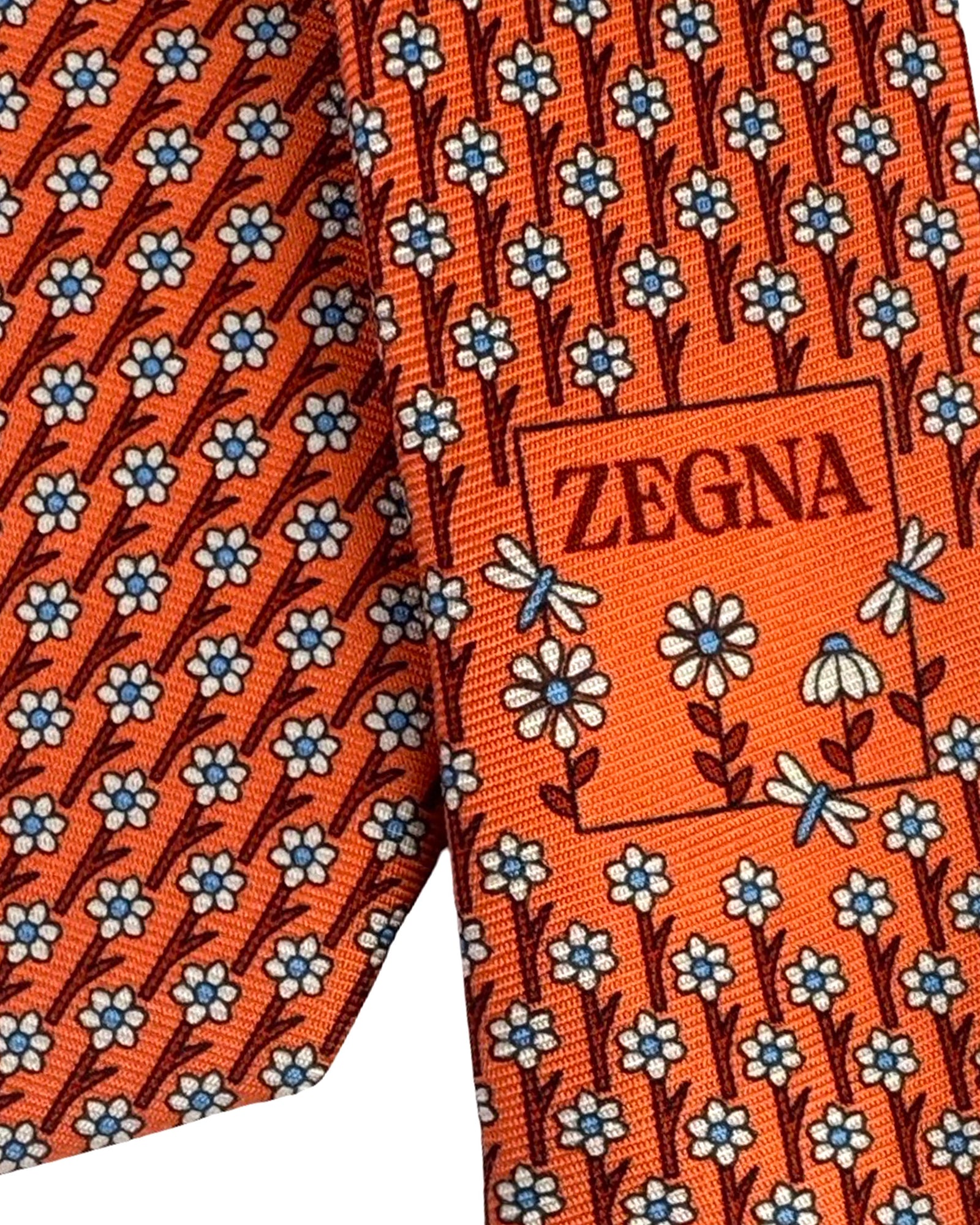 Ermenegildo Zegna Silk Tie Orange Blue Floral Pattern - Narrow Cut