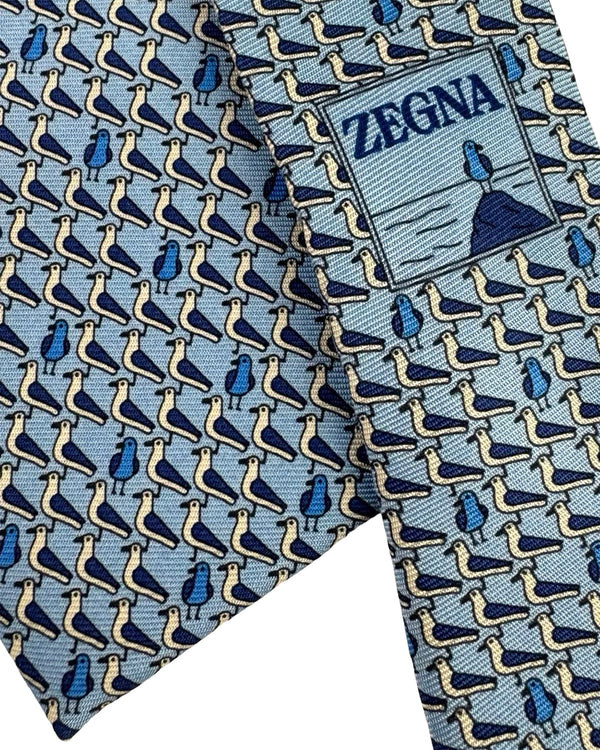 Ermenegildo Zegna Silk Tie Light Blue Seagull Novelty - Tie Deals
