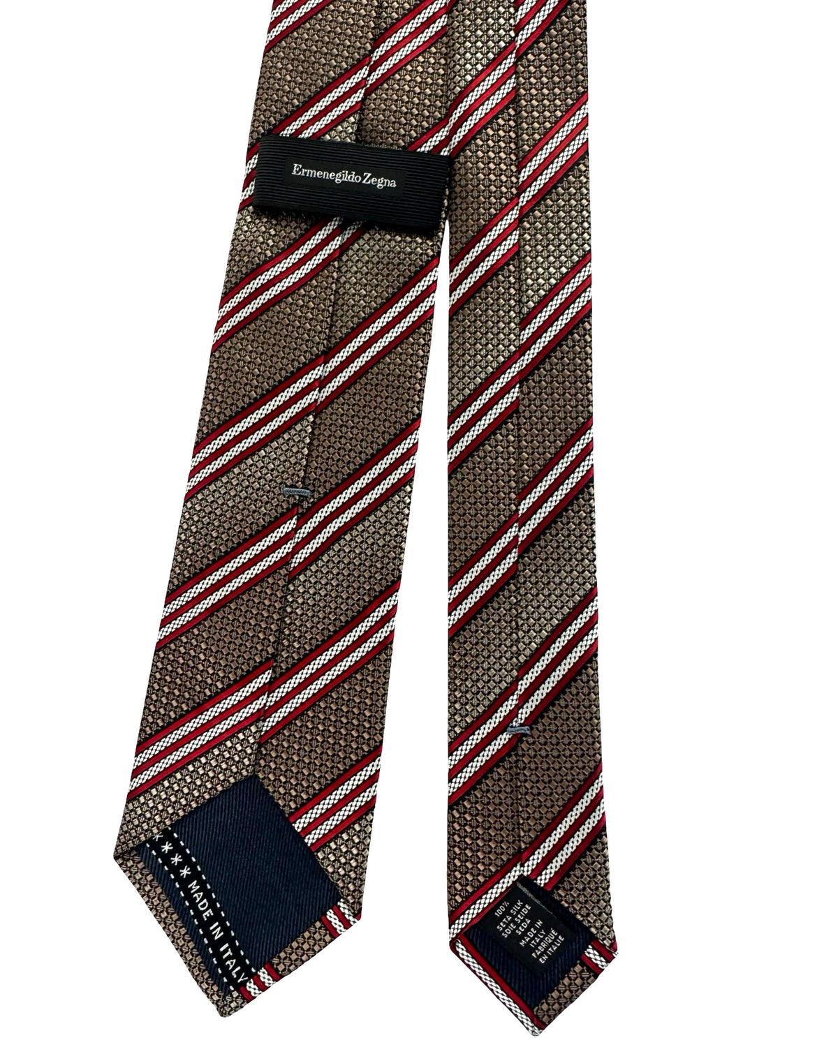 Zegna Tie Taupe Bordeaux Silver Striped Design - Narrow Cut