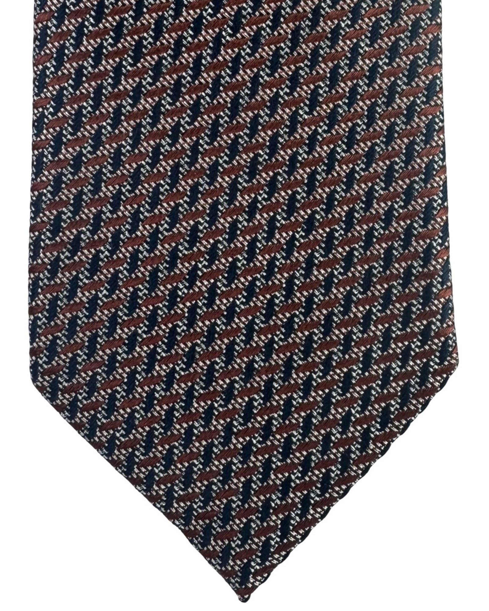 Zegna Silk Tie Brown Midnight Blue Silver Geometric - Zegna Trecapi
