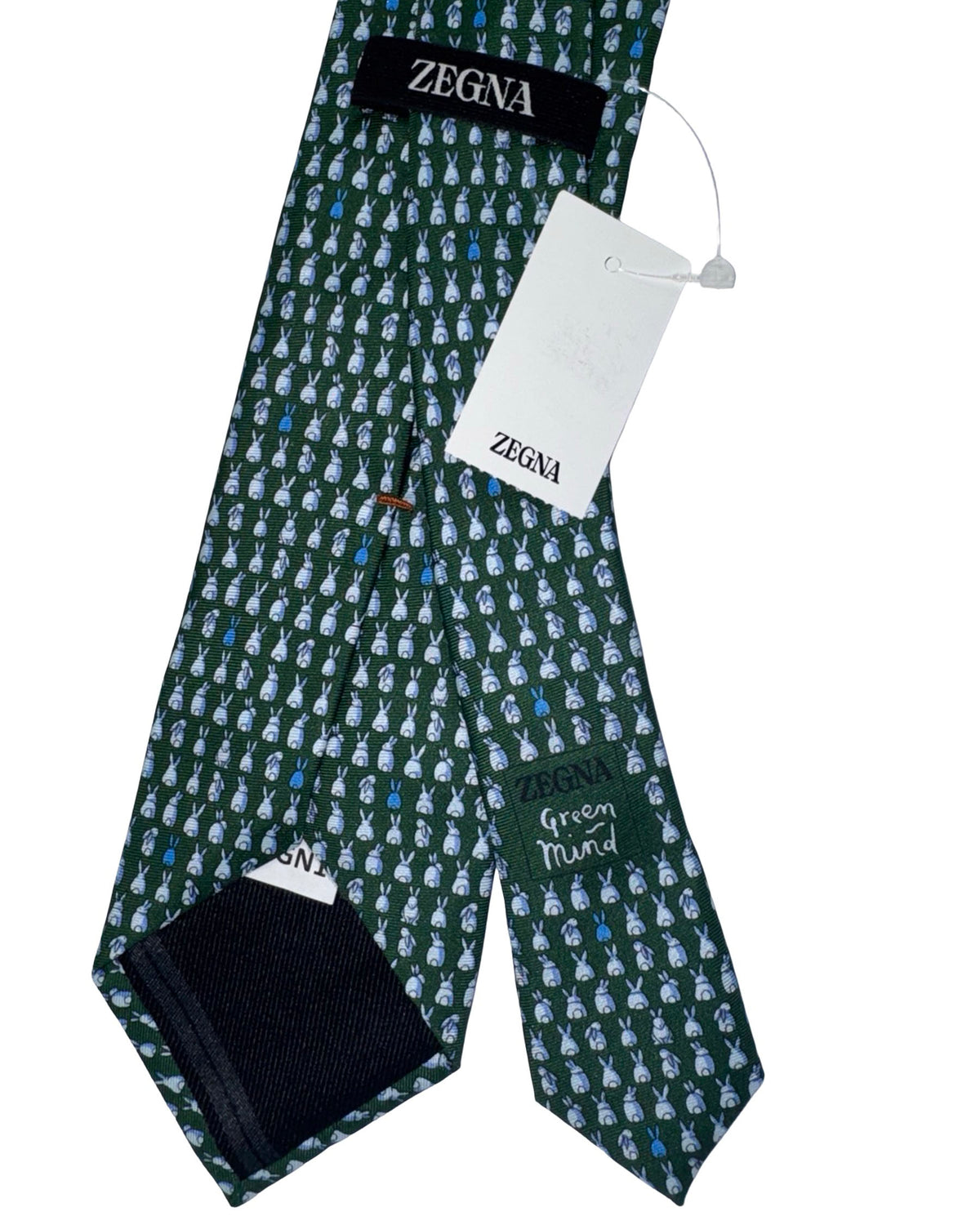 Ermenegildo Zegna Silk Tie Green White Blue Rabbit Pattern
