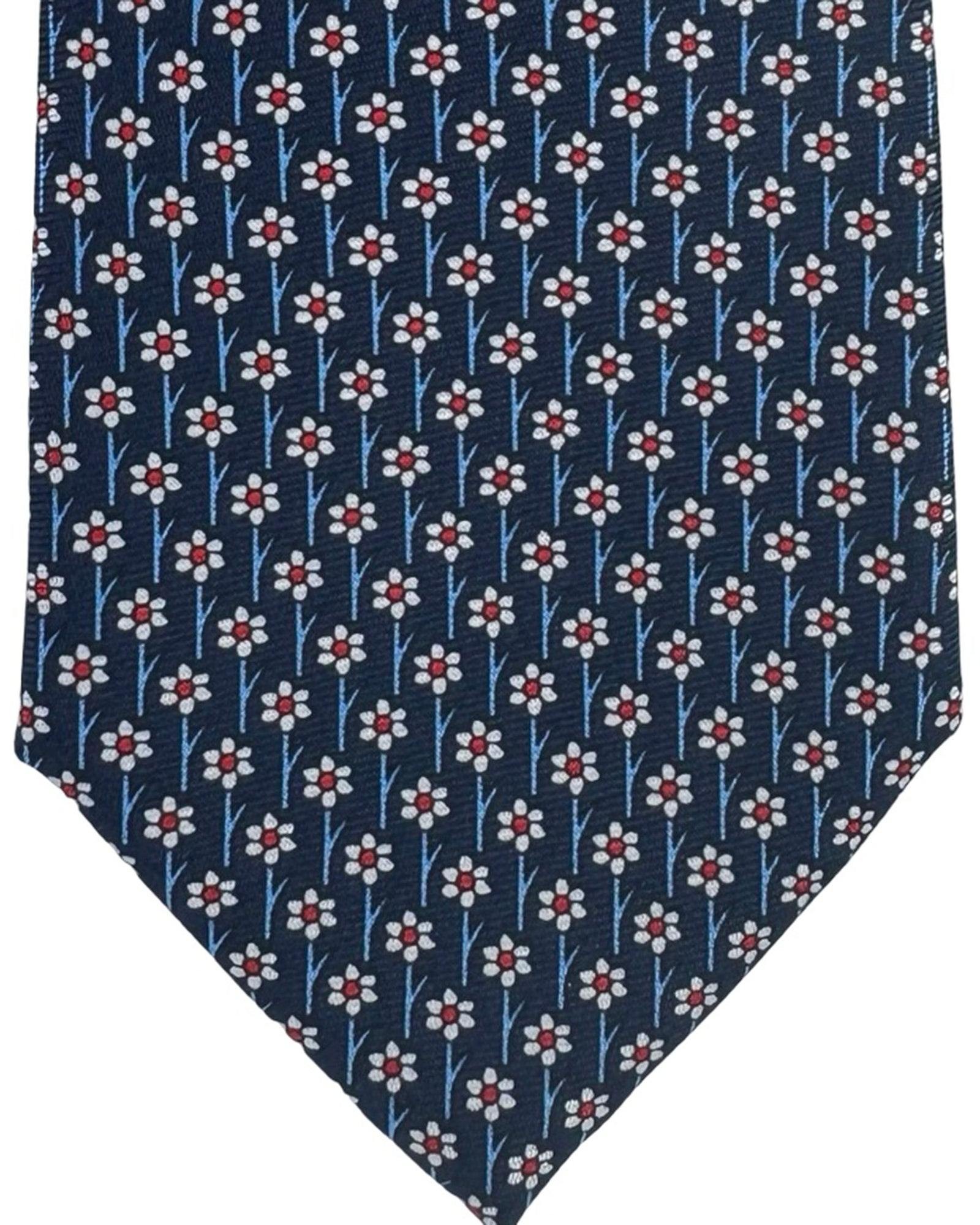 Ermenegildo Zegna Silk Tie Navy Blue Red White Mini Flowers - Narrow Cut