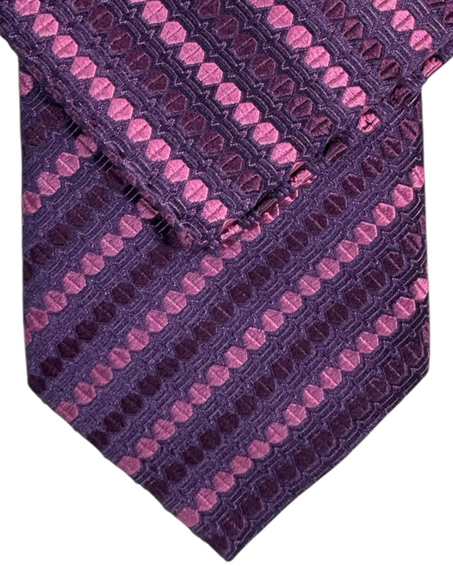 Zilli Silk Tie & Matching Pocket Square Set Purple Geometric Stripe