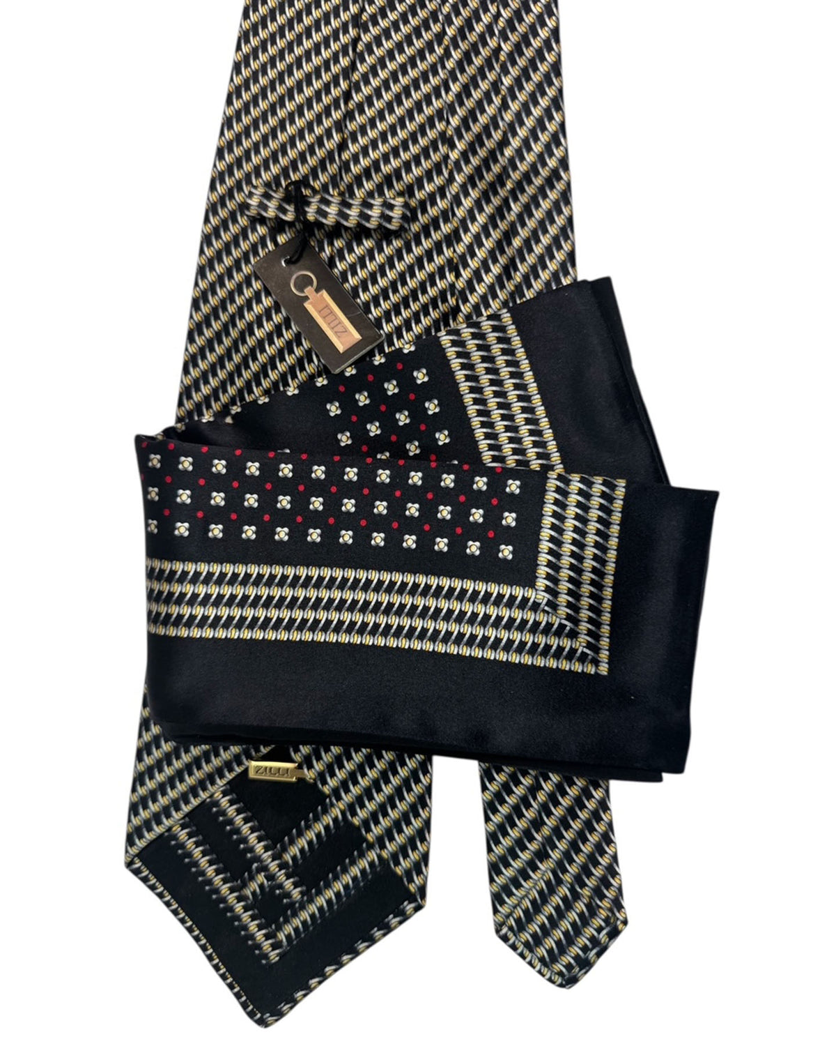 Zilli Silk Tie & Matching Pocket Square Set Black Silver SALE