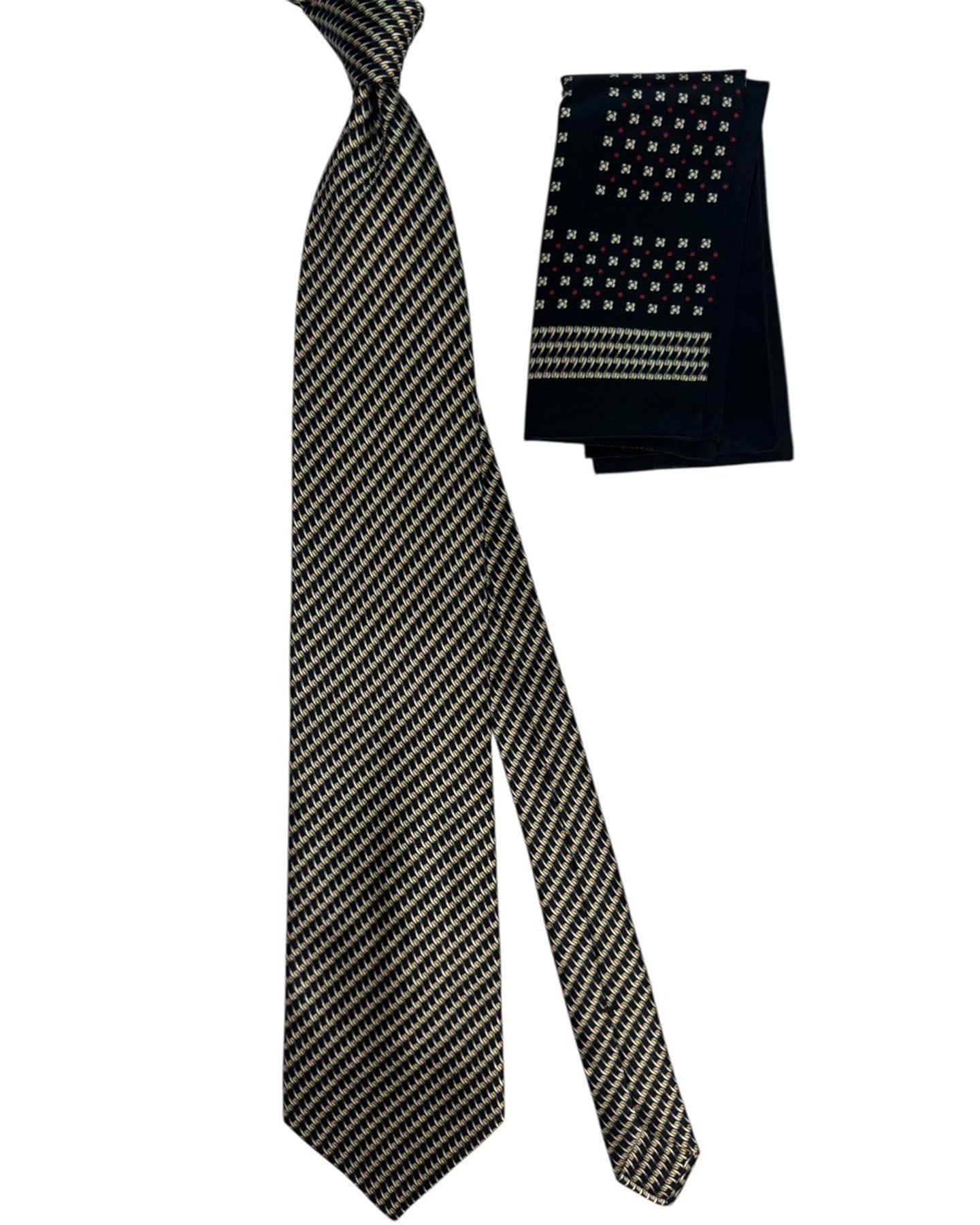 Zilli Silk Tie & Matching Pocket Square Set Black And Ivory Houndstooth