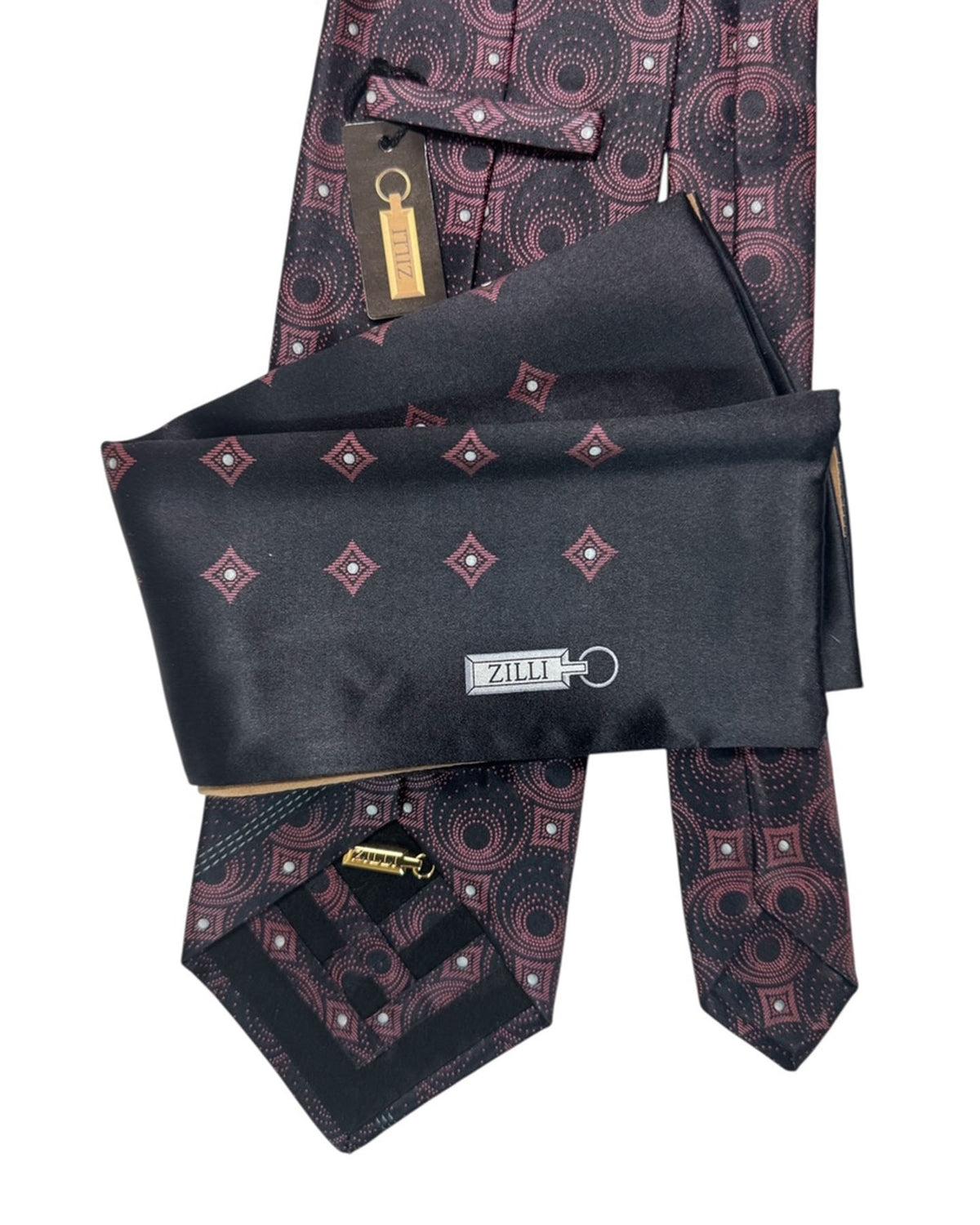 Zilli Silk Tie & Matching Pocket Square Set Black Dust Pink SALE