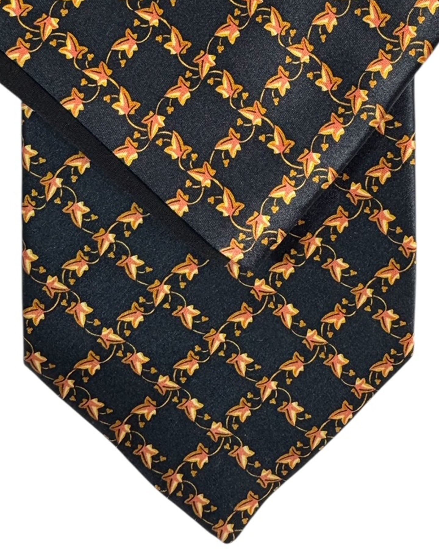 Zilli Silk Tie & Matching Pocket Square Set Black And Gold Chain Grid