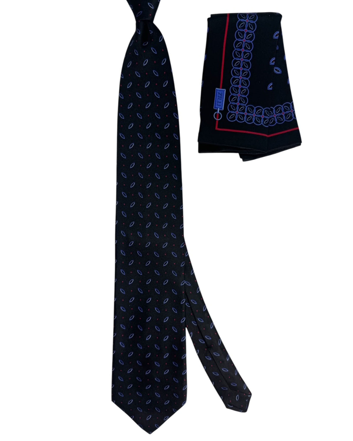 Zilli Silk Tie & Matching Pocket Square Set Black And Red Mini Ellipse