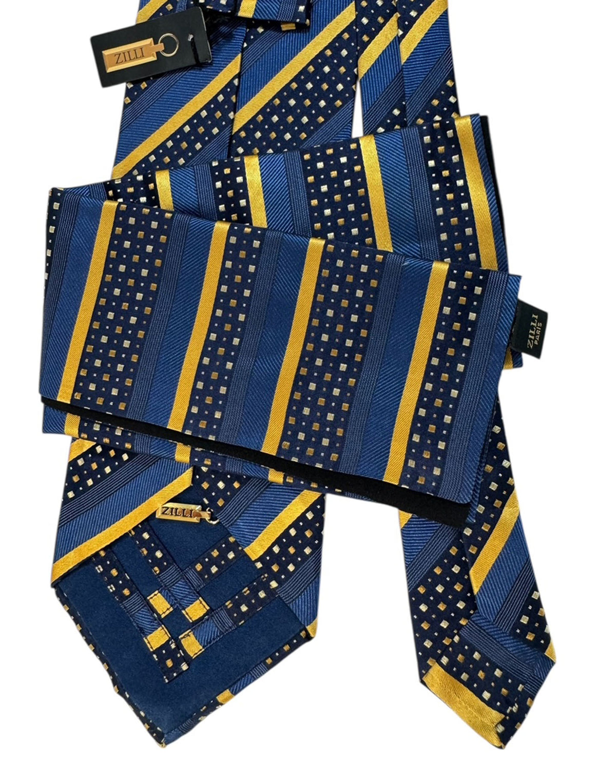 Zilli Silk Tie & Matching Pocket Square Set Navy And Gold Striped