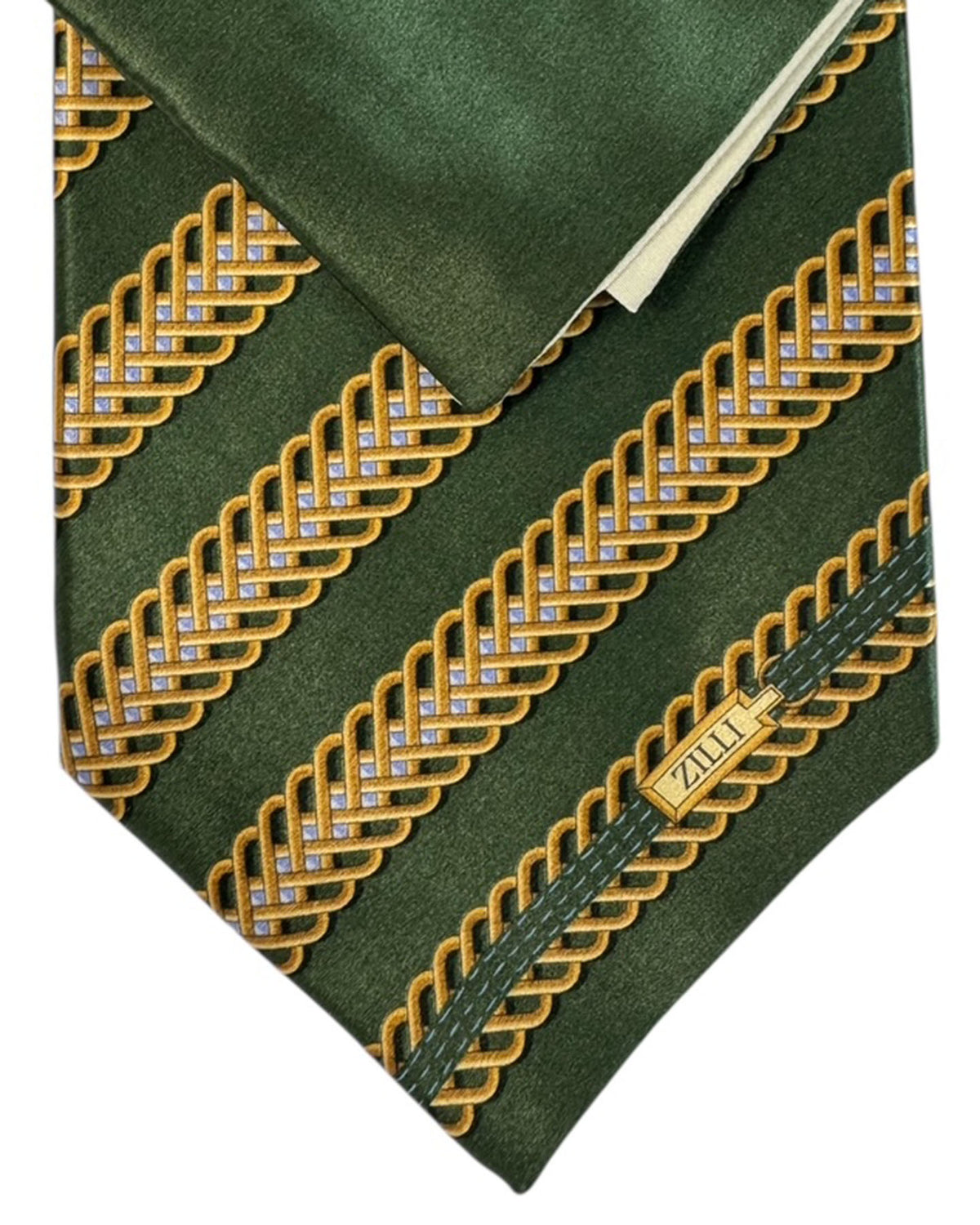 Zilli Silk Tie & Matching Pocket Square Set  Dark Olive Greenery  Gold Stripes