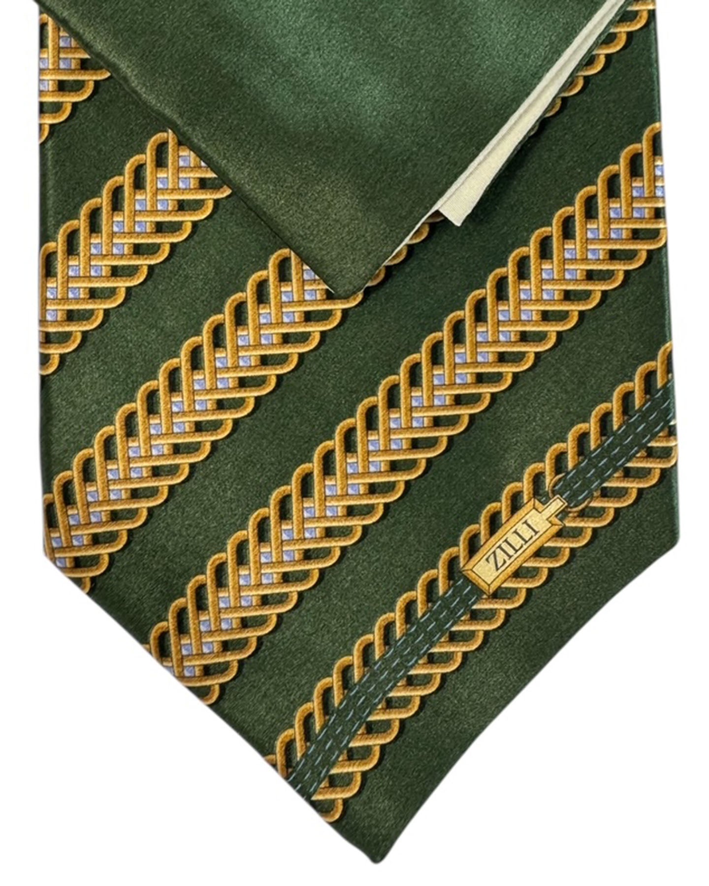 Zilli Silk Tie & Matching Pocket Square Set  Dark Olive Greenery  Gold Stripes