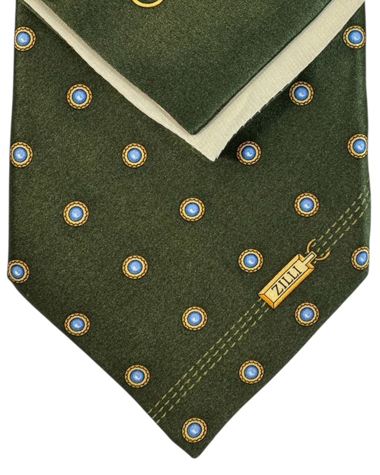 Zilli Silk Tie & Matching Pocket Square Set Olive Green Dotted Design