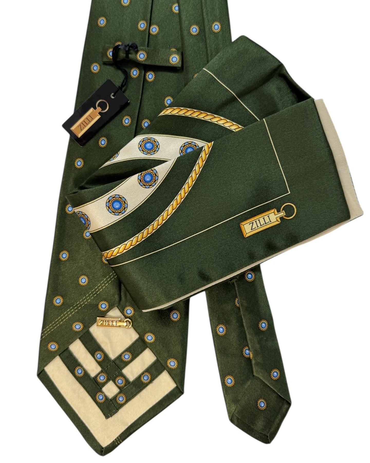 Zilli Silk Tie & Matching Pocket Square Set Olive Green Dotted Design