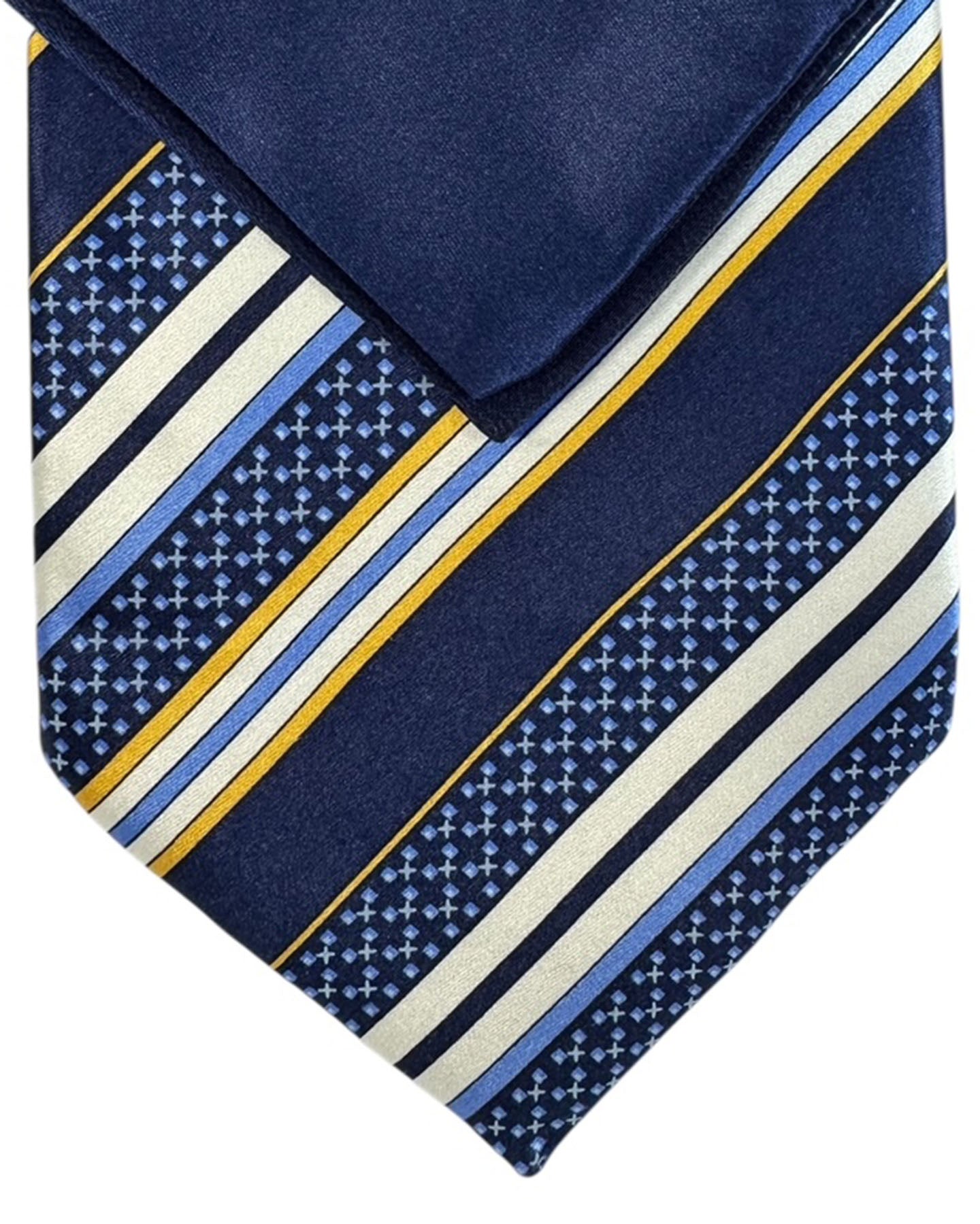 Zilli Silk Tie & Matching Pocket Square Set Navy White Orange-Gold Stripes
