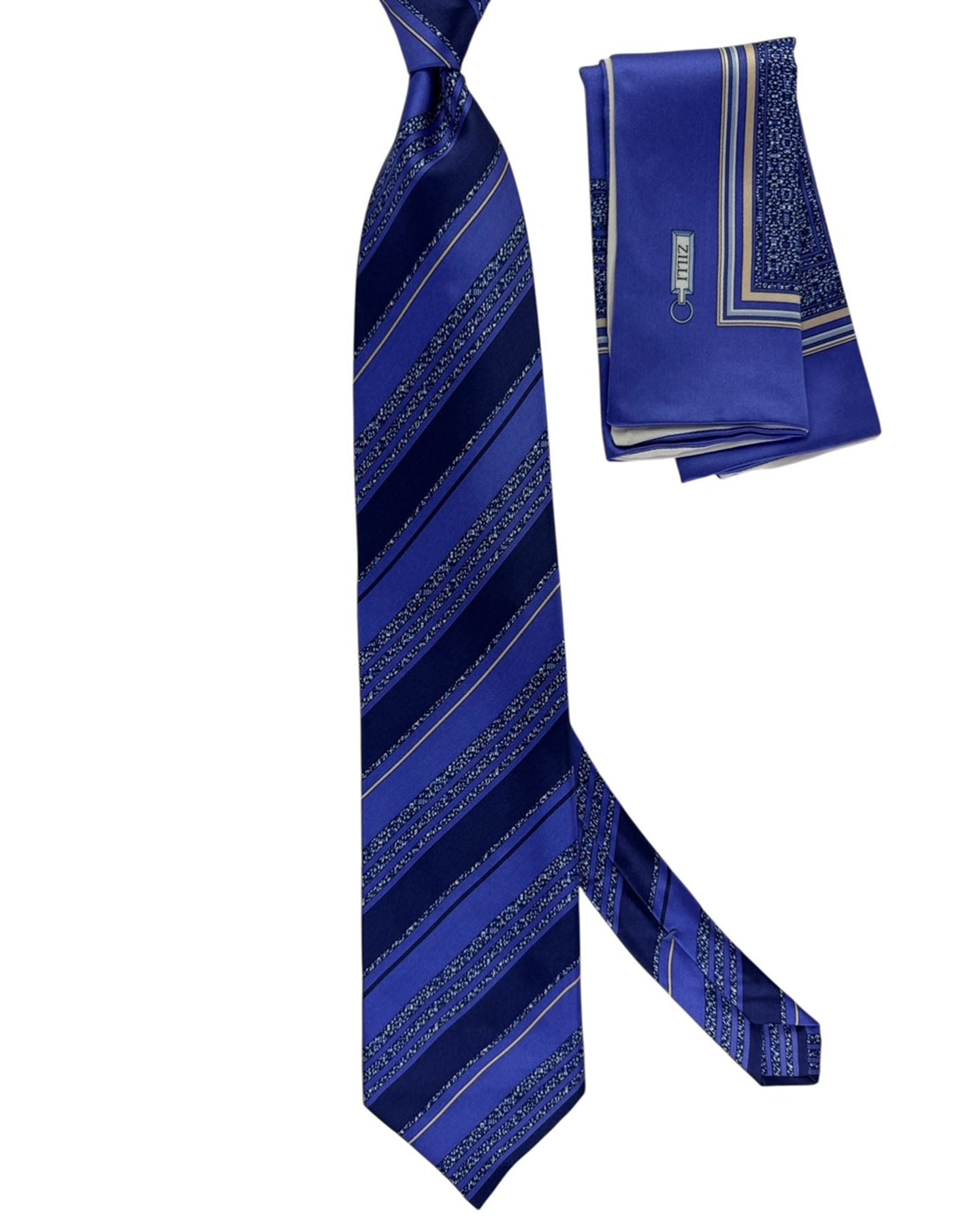 Zilli Silk Tie & Matching Pocket Square Set Royal Blue And Navy Striped