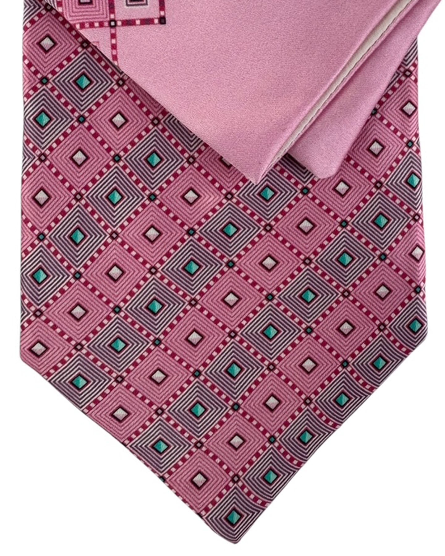 Zilli Silk Tie & Matching Pocket Square Set Pink And Teal Diamond