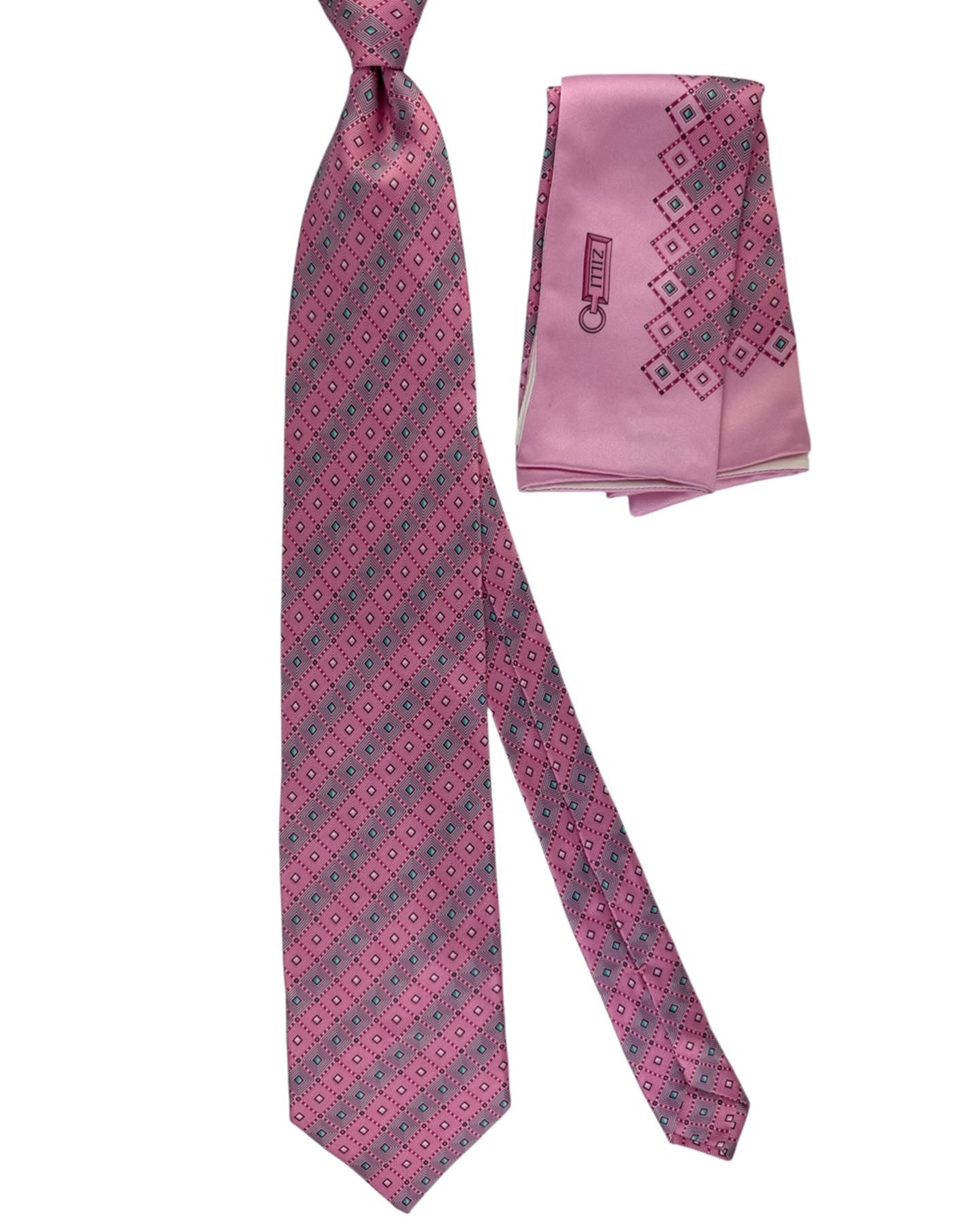 Zilli Silk Tie & Matching Pocket Square Set Pink And Teal Diamond