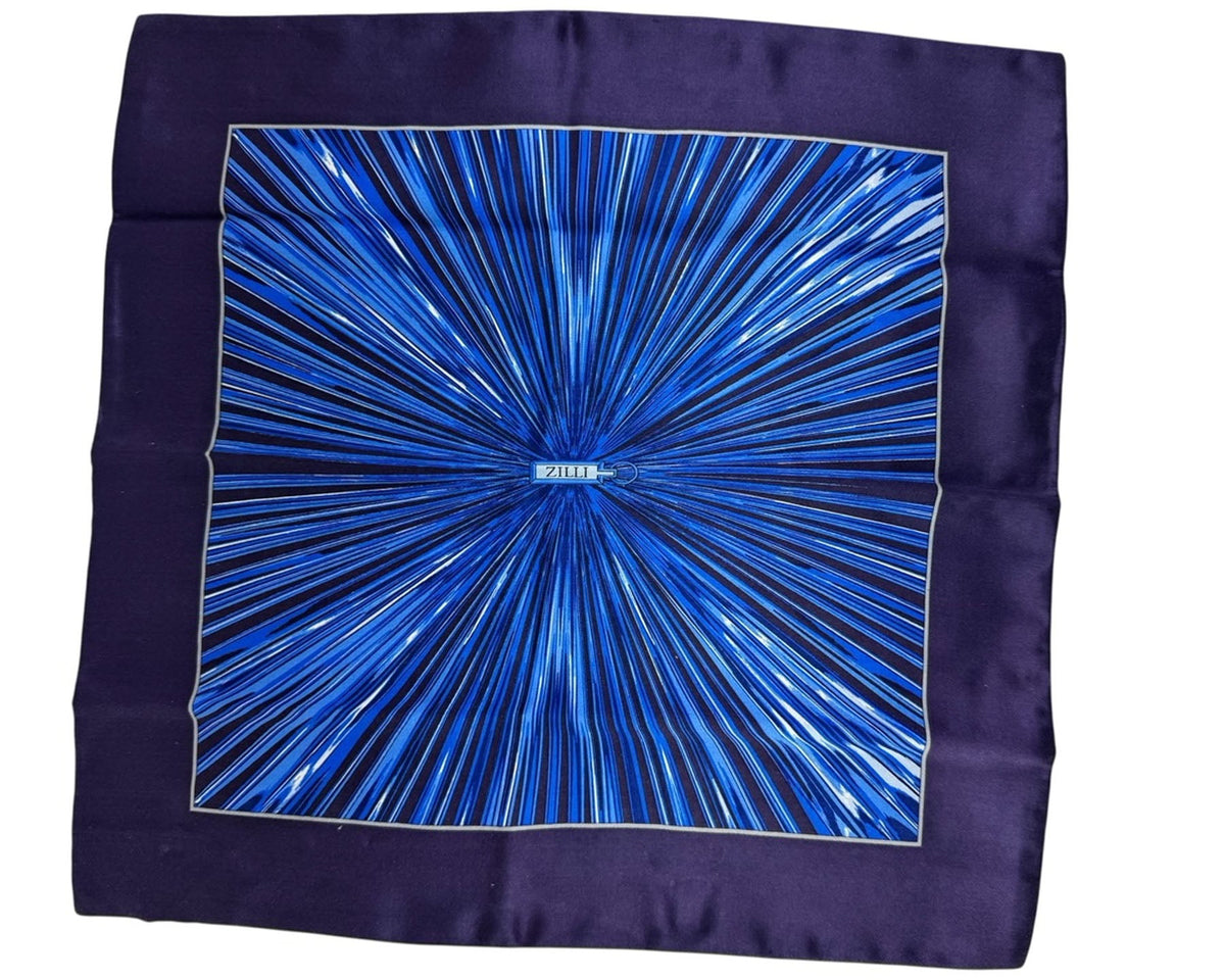 Zilli Silk Tie & Matching Pocket Square Set Midnight Blue Gray Stripes