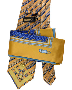 Zilli Silk Tie & Matching Pocket Square Set Mustard With Blue And Silver Stripe