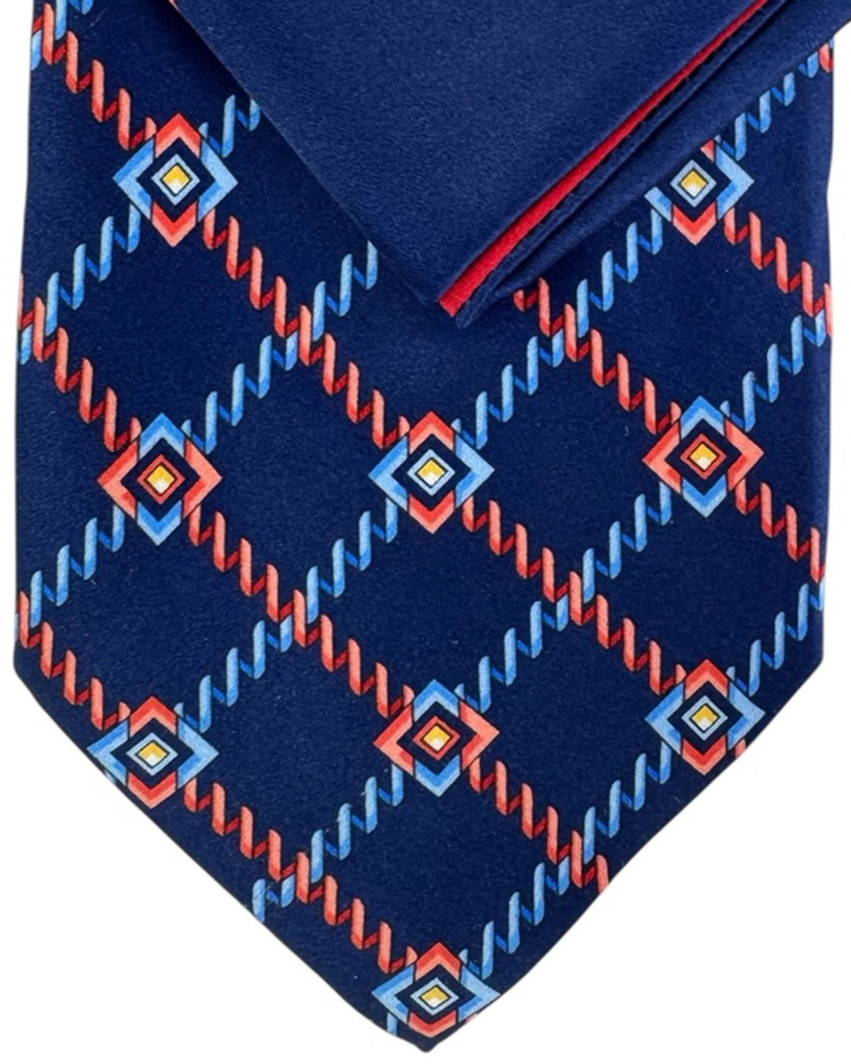 Zilli Silk Tie & Matching Pocket Square Set Navy With Red And Blue Geometric