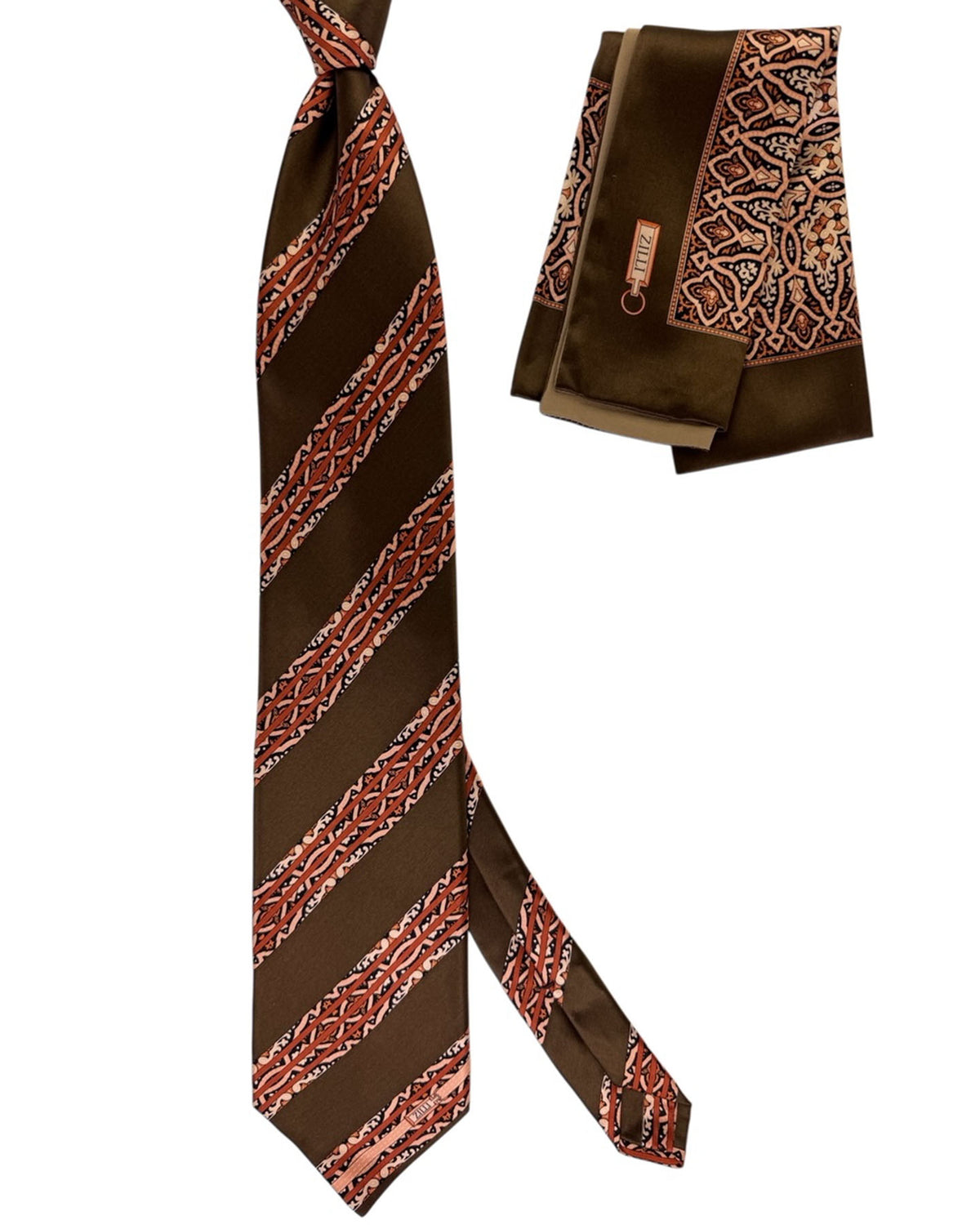 Zilli Silk Tie & Matching Pocket Square Set Brown Orange Peach