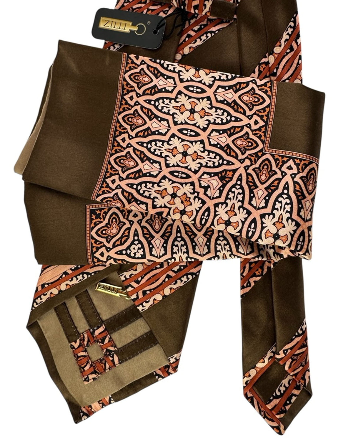 Zilli Silk Tie & Matching Pocket Square Set Olive With Burnt Orange And Peach Scrollwork